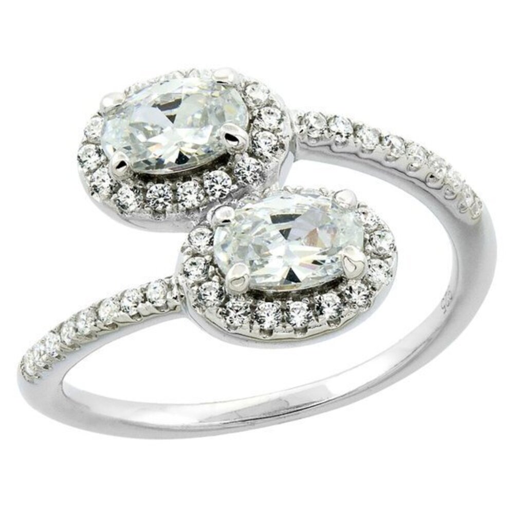 Sterling Silver CZ Micro Pave Oval Bypass Ring